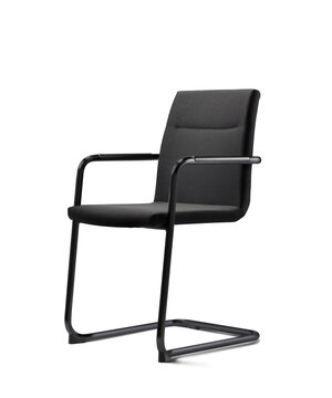 Black cantilever chair with armrest and padded seat and back.