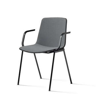 Gray padded stacking chair with armrest.