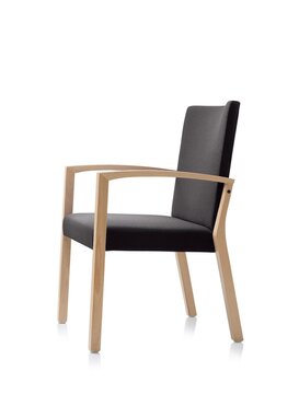 Wooden chair with black padded seat and back.