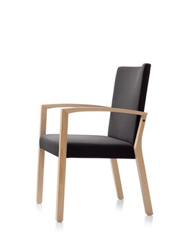 s13 wooden chair Wooden chair with black padded seat and back.