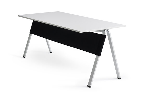 Modesty panel of a white stacking chair.