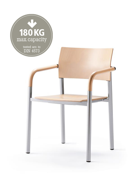 Metal chair with wooden seat and back.