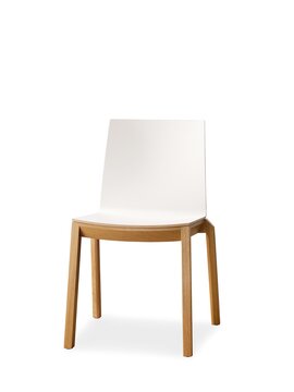 Wooden chair with wihte seat and back without armrest.