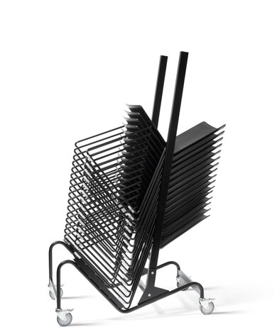 A black stacking trolley with black skid-base chairs.