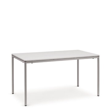 rechthoekige tafel met wit tafelblad met afgeronde hoeken en ronde zilverkleurige poten
