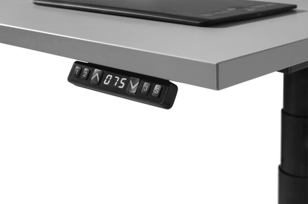 Detailaufnahme eines Handschalters für höhenverstellbare Tische.