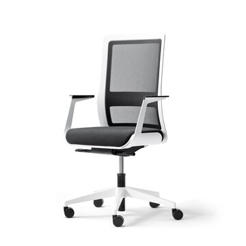 White swivel chair with black padded seat and armrest.
