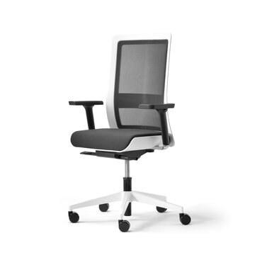 White swivel chair with black mesh and armrest.