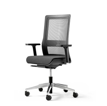 Black swivel chair with mesh back and armrest.