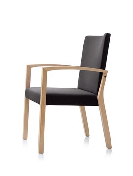 s13 wooden chair Wooden chair with black padded seat and back.