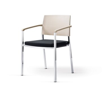 Stacking chair with armrest and black padded seat.