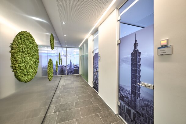 Corridor with moss decoration on the wall. 