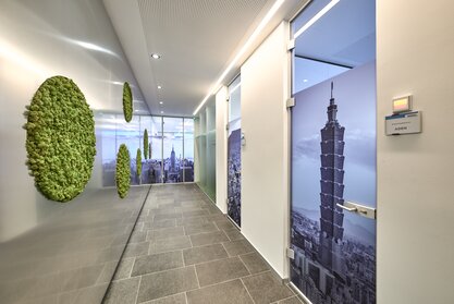 Corridor with moss decoration on the wall. 