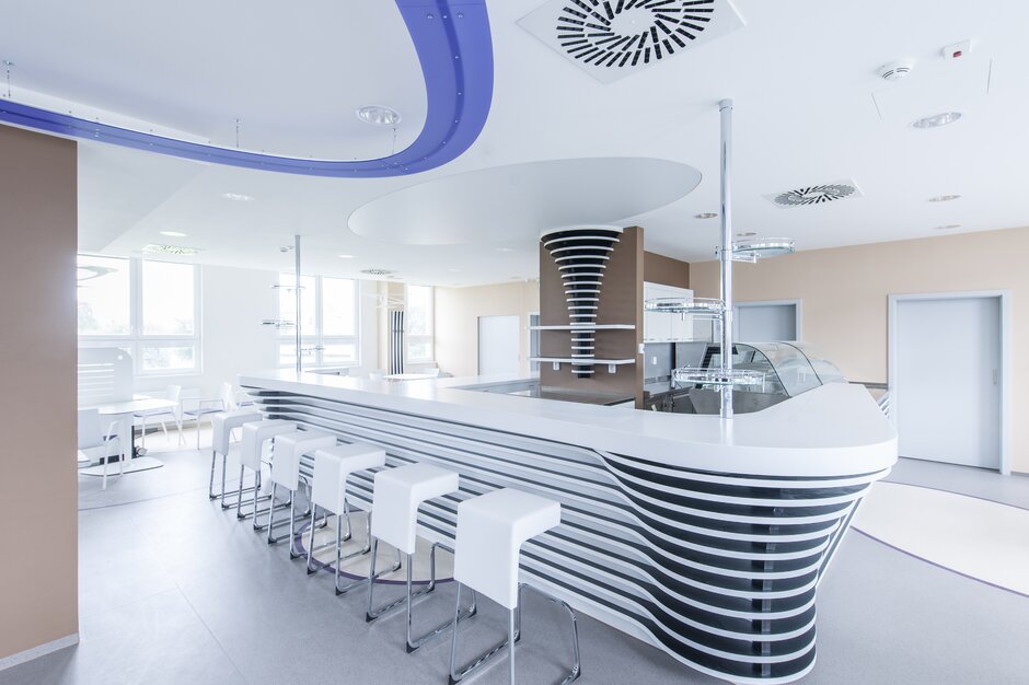 Cani Bar with white barstools.