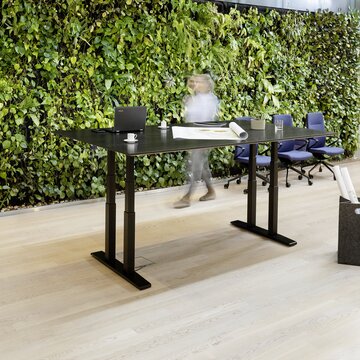Dunkler höhenverstellbarer Konferenztisch vor einer Person und bepflanzten Wand. 