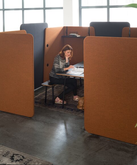 Frau arbeitet in einer Meeting Box, eingegrenzt durch Paravents.