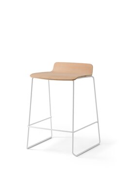 Barstool with wooden seat and white legs.