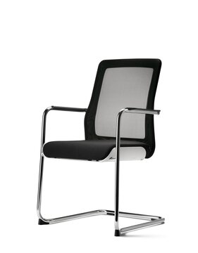 Black cantilever chair with mesh back.