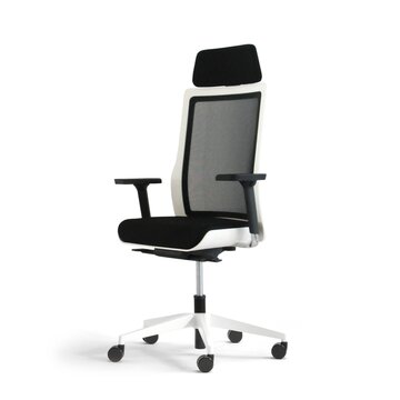 White swivel chair with black mesh back, black padded seat and armrest.
