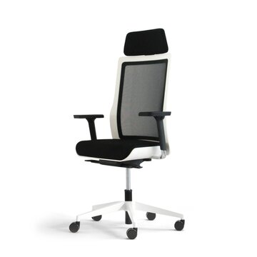 poi swivel chair White swivel chair with black mesh back, black padded seat and armrest.