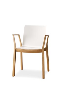 chaise empilable en bois avec accoudoirs et coque d'assise blanche