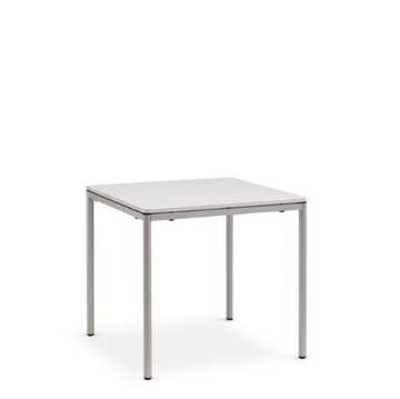 vierkante tafel met wit tafelblad met afgeronde hoeken en ronde zwarte poten