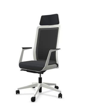 White swivel chair with black mesh back, armrest and neckrest.