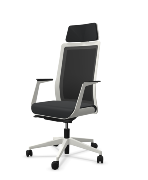 poi swivel chair White swivel chair with black mesh back, armrest and neckrest.